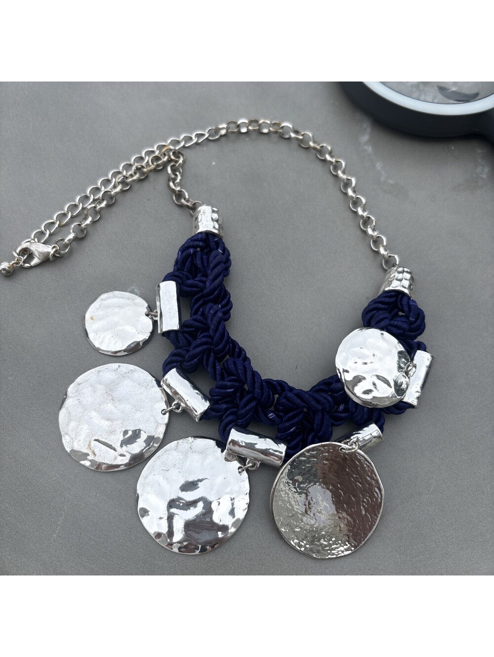 Chico's Chunky statement necklace Blue braided Round pendants chain
